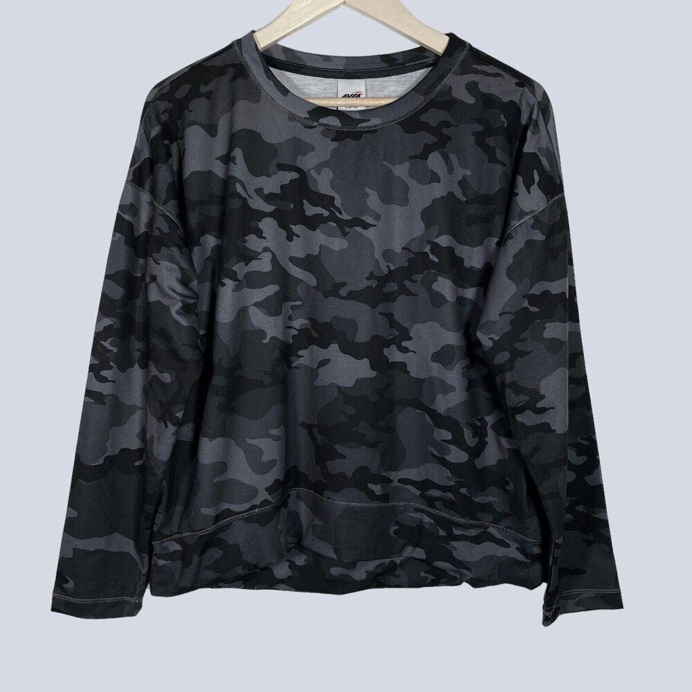 AVIA Womens T Shirt Top Large Long Sleeve French Terry Black Gray Camo NEW